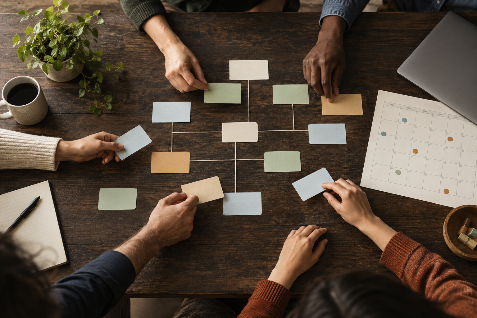 Hands arranging connected task cards around a shared table